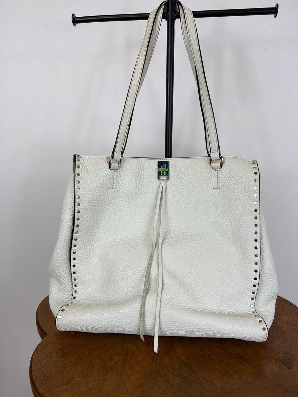 Rebecca Minkoff Cream Leather Handbag Large Front Pocket Gold Tone Clasp